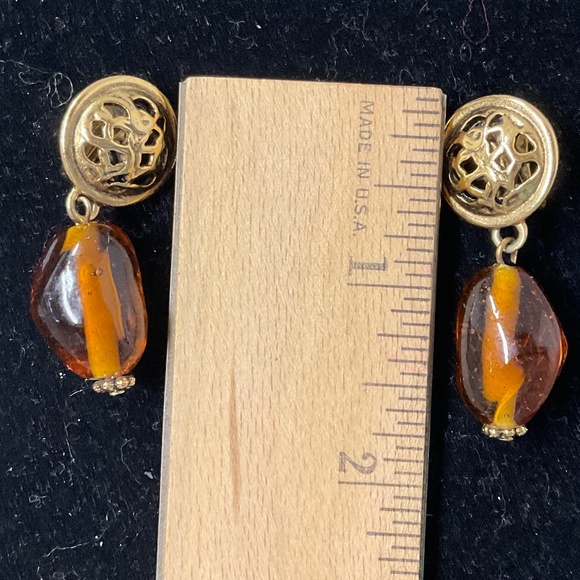 Amber Goldtone Dangle Clip Earrings - Picture 5 of 6